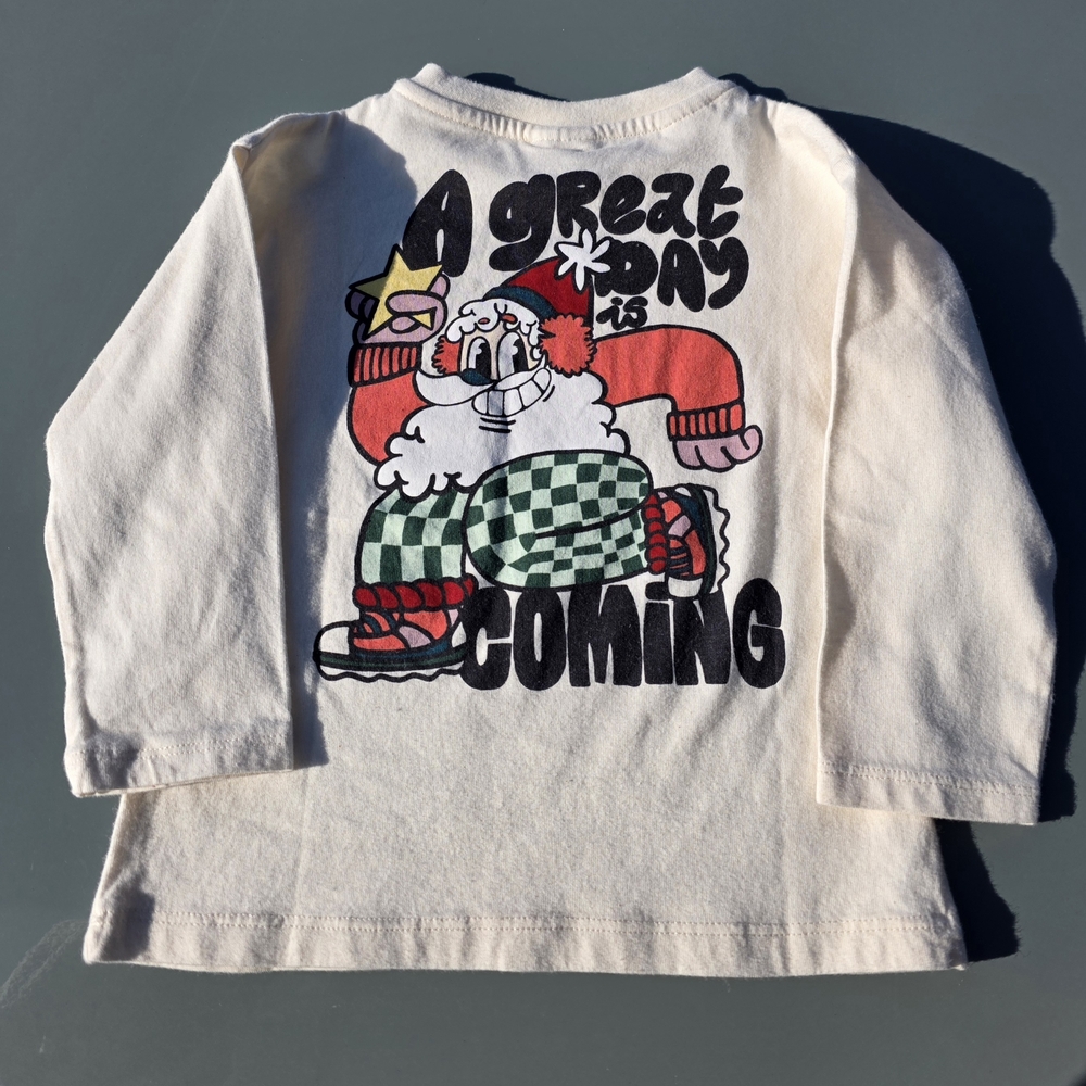 Zara Cream Long Sleeve Tee with Santa Graphic